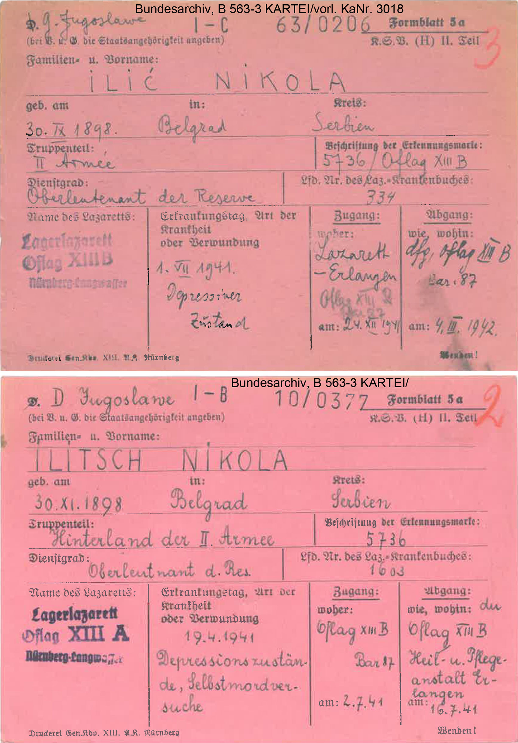 Ilic, Gefangenenkarte Lagerlazarett
