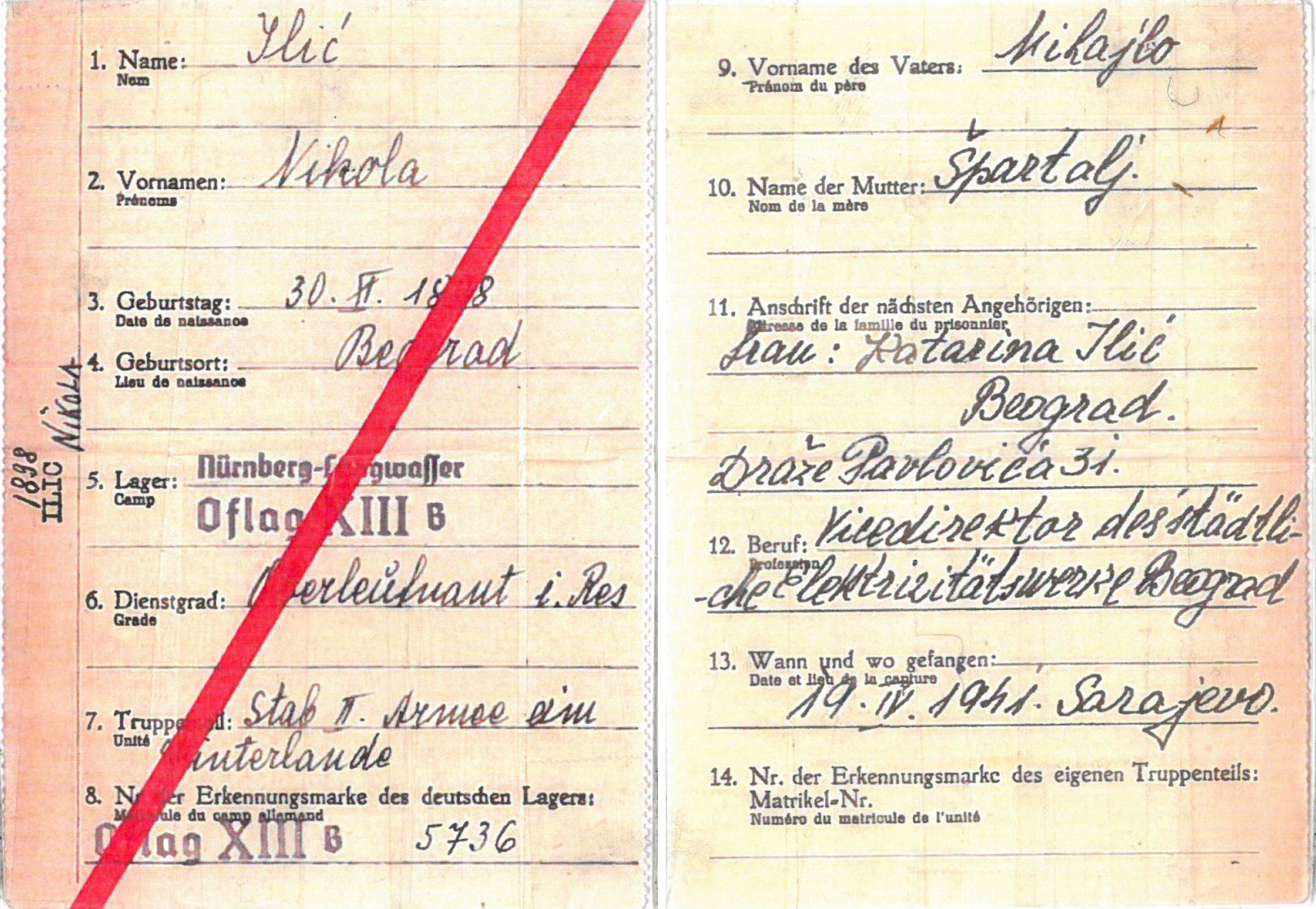 Ilic, Gefangenenkarte